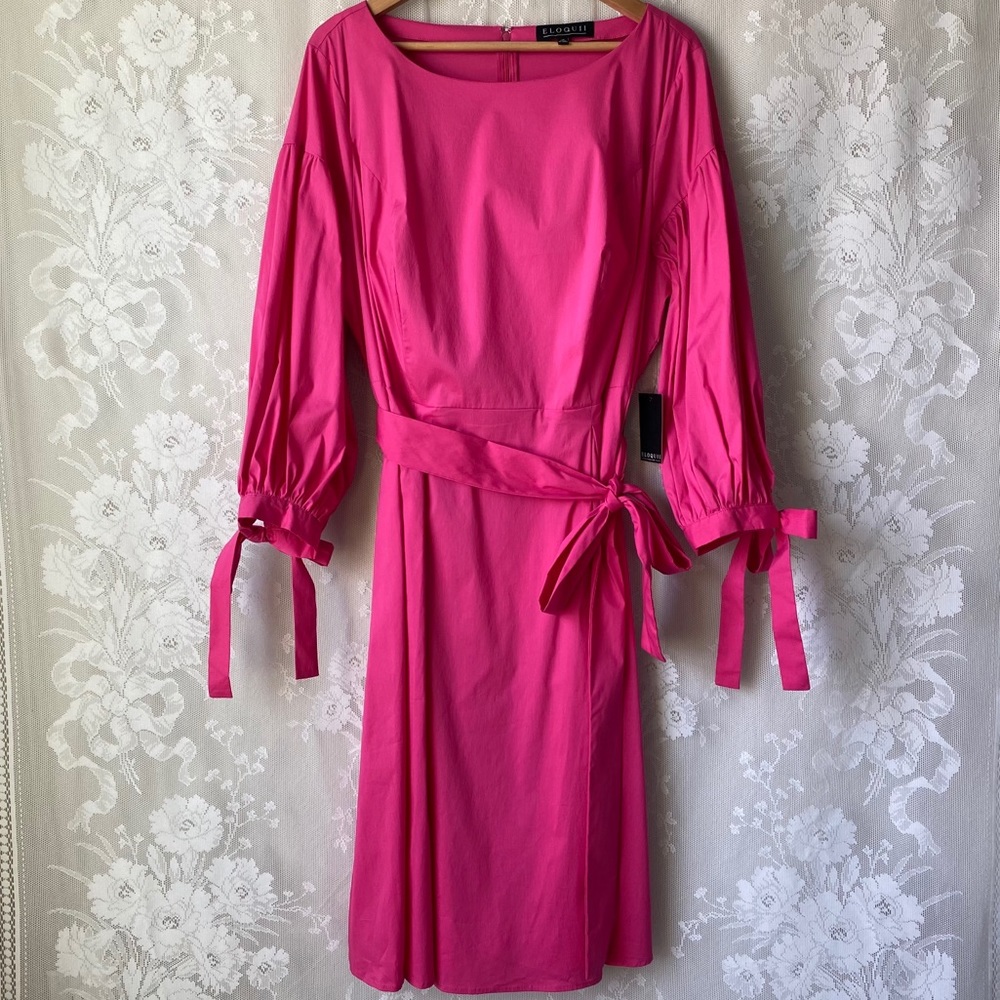 ELOQUII Pink Fit Flare Long Sleeve Dress Belt 18